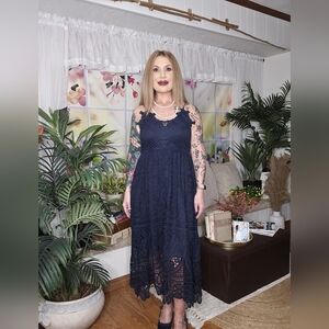 Navy Blue Sleeveless Crochet Lace Dress